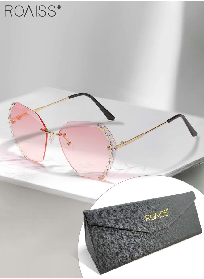 roaiss - Women's Butterfly Rimless Sunglasses, UV400 Protection Sun Glasses with Rhinestones Decoration, Oversize Fashion Anti-glare Sun Shades for Women with Glasses Case, 60mm, Pink - Image 1