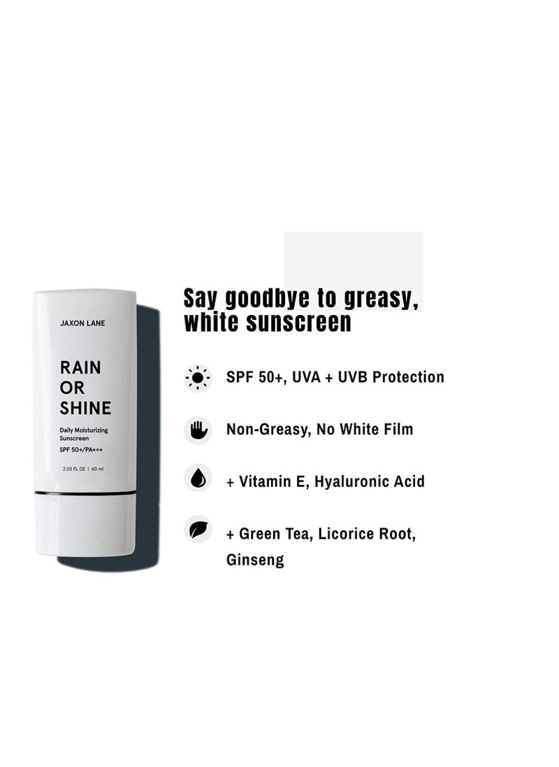 JAXON LANE - RAIN OR SHINE Anti Aging Face Sunscreen SPF 50 for Clear Skin with Green Tea, Hyaluronic Acid, Vitamin E Oil, Ginseng Extract, Licorice Root – SPF Moisturizer for Face, Fragrance Free 2.03 Oz - Image 1
