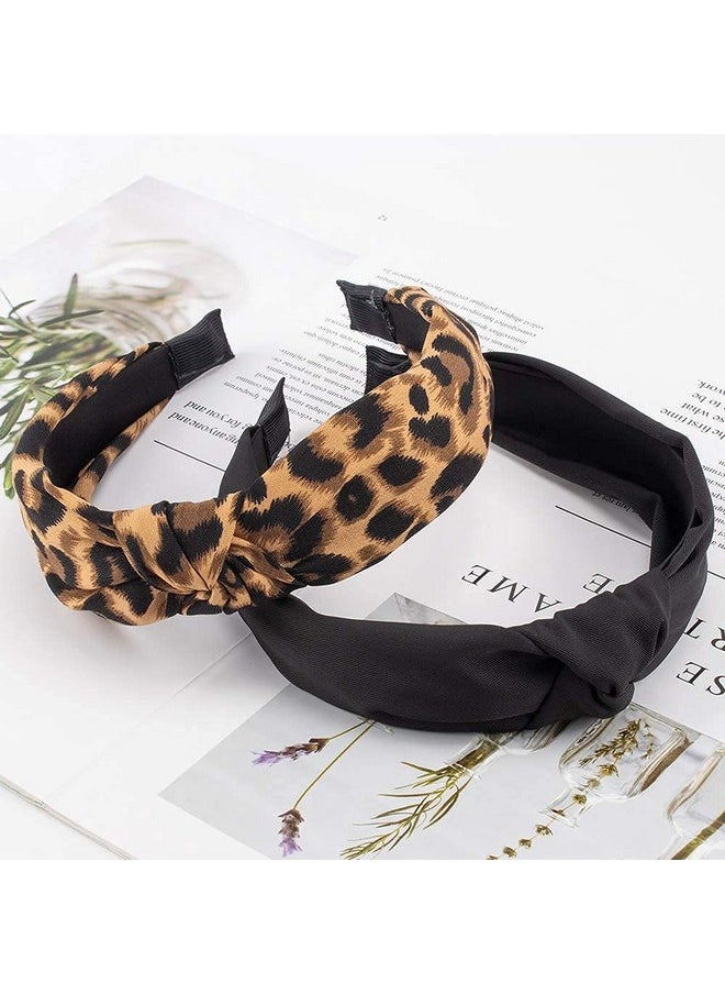 Kicosy - Icosy 2Pcs Headbands For Women Leopard Headband Knotted Headband For Girls Fashion Wide Headband Non Slip Hairband Elastic Hair Accessories(Black Leopard) - Image 1