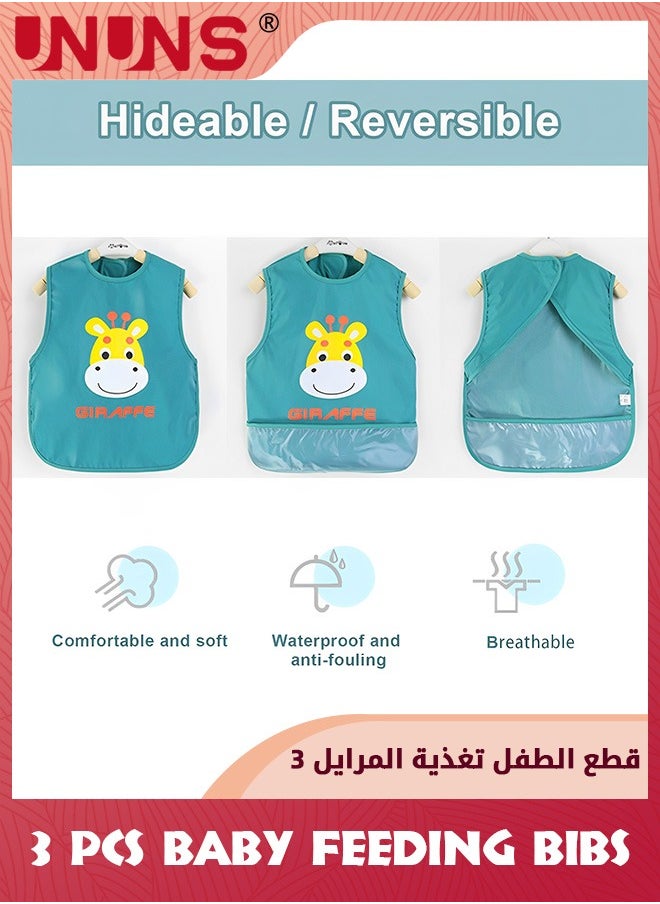 UNUNS 3 Pack Baby Bibs,Sleeveless Sleeve Bibs With Crumb Catcher Pocket,Washable Adjustable Apron Toddler Bibs,Baby Feeding Bib Set For Little Kids Infants 6-12 Months,Multi-Color And Multi-Pattern  - Image 5