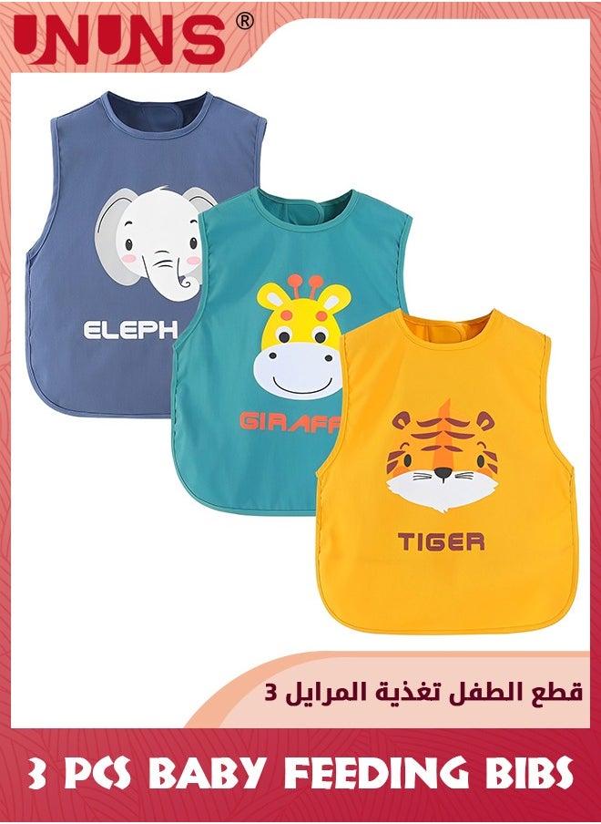 UNUNS 3 Pack Baby Bibs,Sleeveless Sleeve Bibs With Crumb Catcher Pocket,Washable Adjustable Apron Toddler Bibs,Baby Feeding Bib Set For Little Kids Infants 6-12 Months,Multi-Color And Multi-Pattern  - Image 1