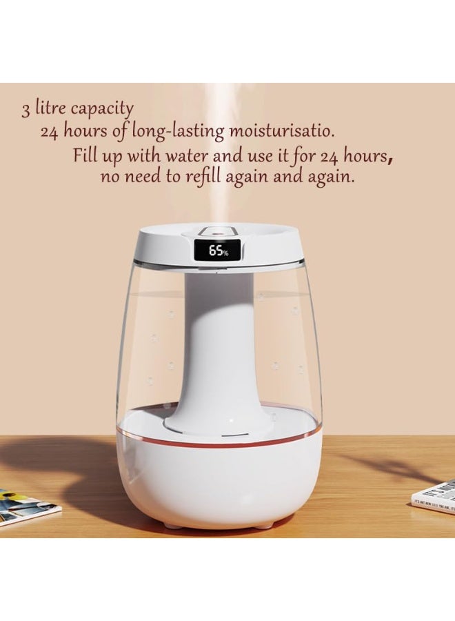 جهاز ترطيب ذكي بسعة ٣ لتر مع فوهتين، ضوضاء منخفضة ٢٦ ديسيبل، عرض رقمي، ٣ أوضاع للرذاذ، إضاءة ليلية، إيقاف تلقائي، مرطب للغرف الكبيرة وغرفة النوم وحضانة الأطفال والنباتات - Image 4
