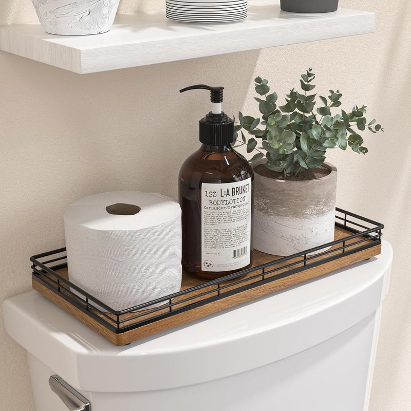Focusonit Farmhouse Bathroom Toilet Tank Tray, 13" Acacia Wood Toilet Paper Storage Basket Tray Back of Toilet Basket Organizer Bathroom Vanity Tray for Perfume Makeup Candle Kitchen Coffee Table Bar Tray Decor - Image 1