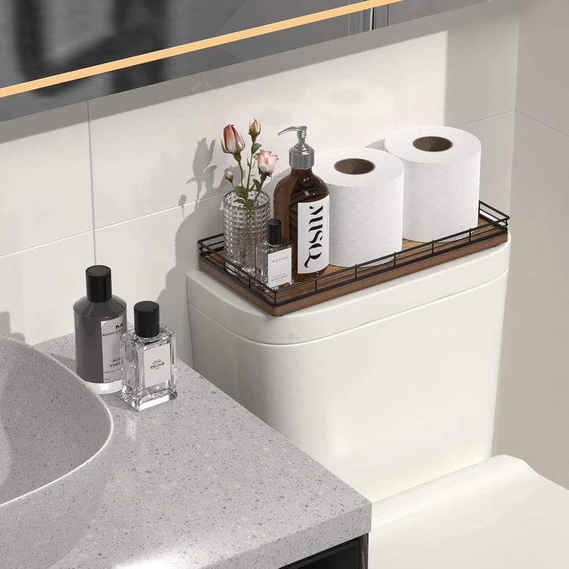 Focusonit Farmhouse Bathroom Toilet Tank Tray, 13" Acacia Wood Toilet Paper Storage Basket Tray Back of Toilet Basket Organizer Bathroom Vanity Tray for Perfume Makeup Candle Kitchen Coffee Table Bar Tray Decor - Image 4