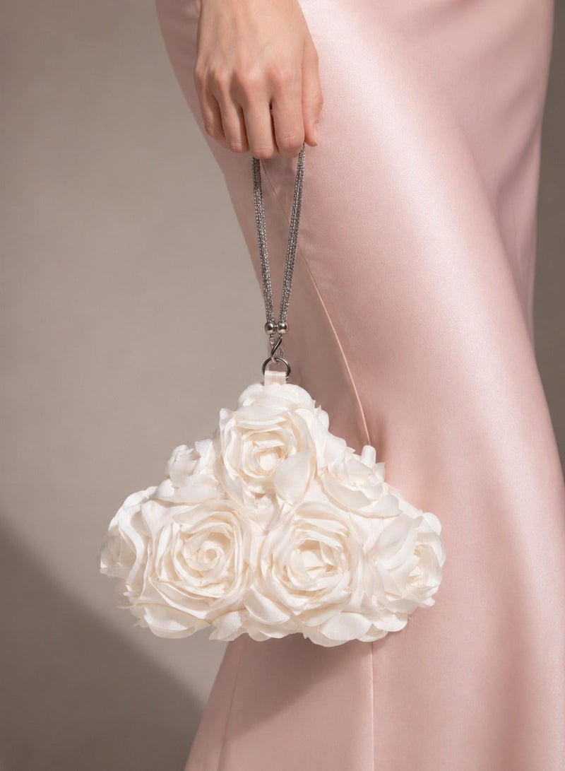 Evening Clutch Bag For Women, White 3D Rose Floral Design With Wrist Strap, Elegant Small Handbag For Weddings, Parties And Special Occasions, 1 Piece, 21 × 16 × 6 cm - Image 1