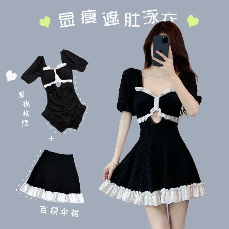 Swimsuit womens summer black one-piece belly covering slimming skirt boxer slightly fat belly covering 2024 new student conservative swimsuit Black 