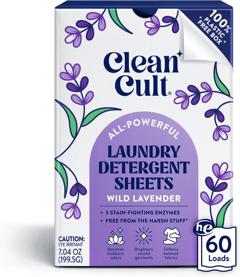 Cleancult Laundry Detergent Sheets - 3 Stain Fighting Enzymes - Concentrated Liquidless Laundry Detergent Sheets - Wild Lavender Scent - 60 Loads - Free of Harsh Chemicals - No Mess - No Plastic Waste - Image 1