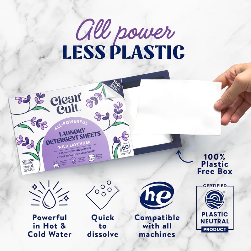 Cleancult Laundry Detergent Sheets - 3 Stain Fighting Enzymes - Concentrated Liquidless Laundry Detergent Sheets - Wild Lavender Scent - 60 Loads - Free of Harsh Chemicals - No Mess - No Plastic Waste - Image 3