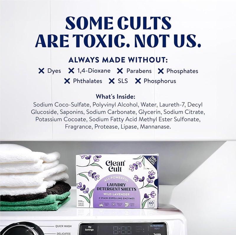 Cleancult Laundry Detergent Sheets - 3 Stain Fighting Enzymes - Concentrated Liquidless Laundry Detergent Sheets - Wild Lavender Scent - 60 Loads - Free of Harsh Chemicals - No Mess - No Plastic Waste - Image 5