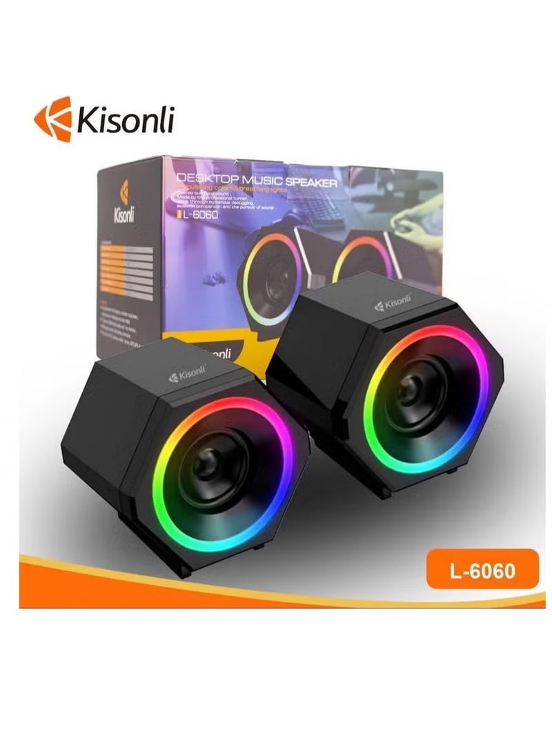 Kisonli RGB Mini USB Desktop Speaker 2.0 Stereo Sound with LED Light for PC Laptop Gaming -L-6060 - Image 1