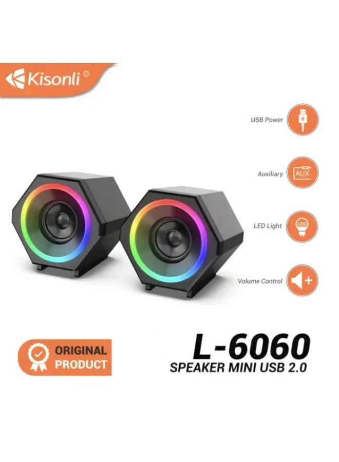 Kisonli RGB Mini USB Desktop Speaker 2.0 Stereo Sound with LED Light for PC Laptop Gaming -L-6060 - Image 2