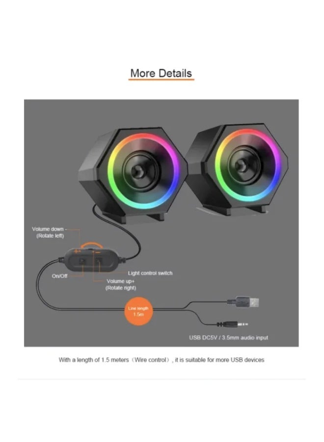 Kisonli RGB Mini USB Desktop Speaker 2.0 Stereo Sound with LED Light for PC Laptop Gaming -L-6060 - Image 3