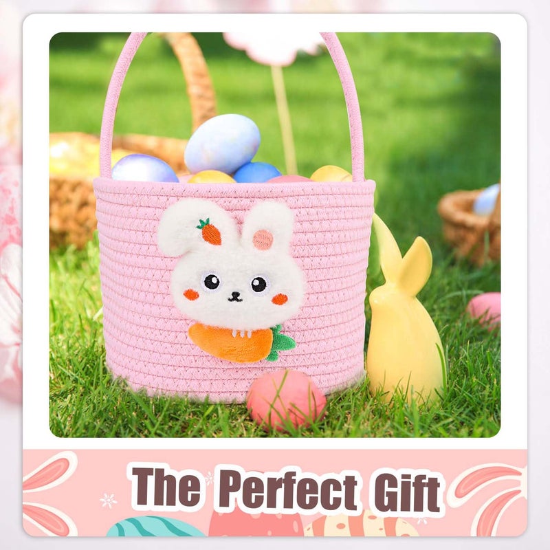 DIYASY Easter Basket for Kids Woven Bunny Eggs Basket with Handle Gifts Tote Bag Candies Buckets for Boys Girls Toddler Baby Party Decorations Pink - Image 5