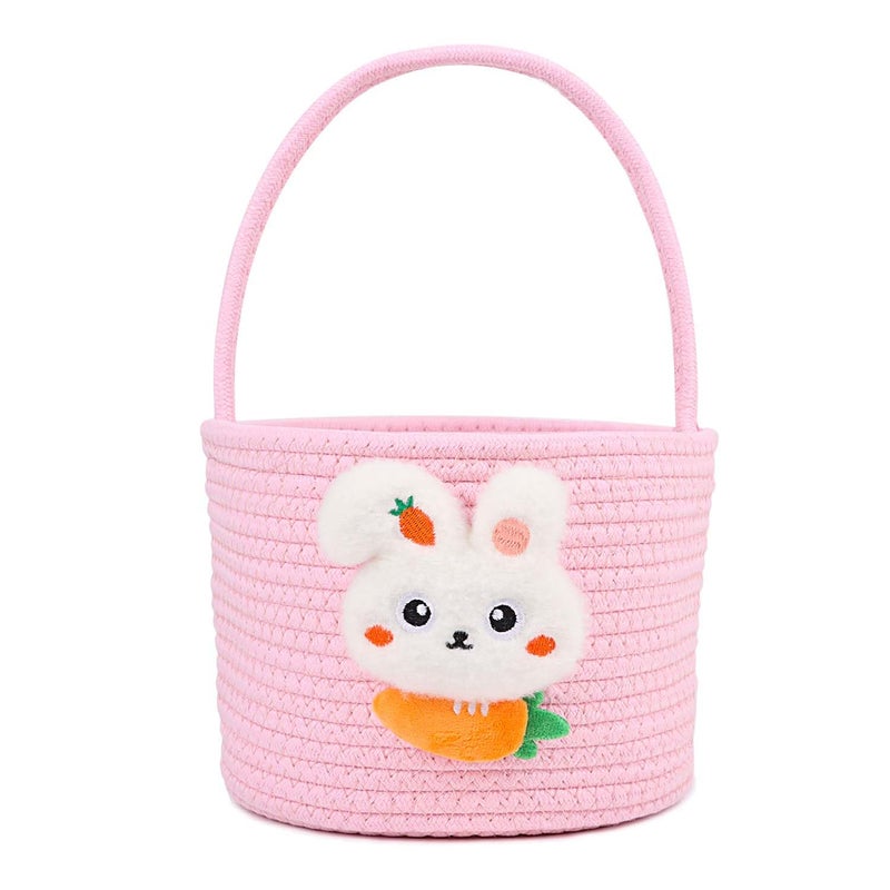 DIYASY Easter Basket for Kids Woven Bunny Eggs Basket with Handle Gifts Tote Bag Candies Buckets for Boys Girls Toddler Baby Party Decorations Pink - Image 1
