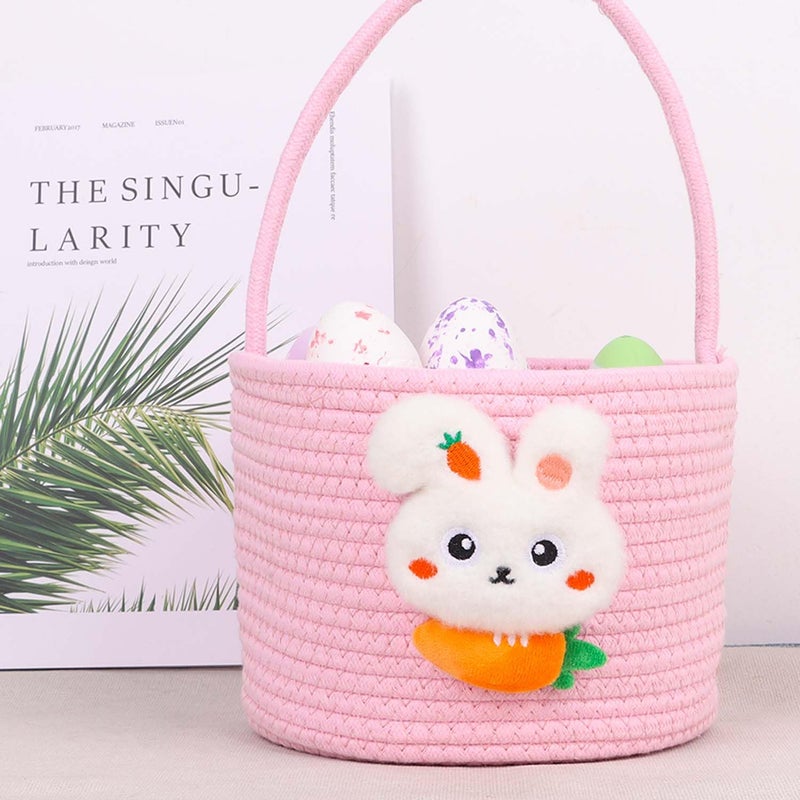DIYASY Easter Basket for Kids Woven Bunny Eggs Basket with Handle Gifts Tote Bag Candies Buckets for Boys Girls Toddler Baby Party Decorations Pink - Image 2