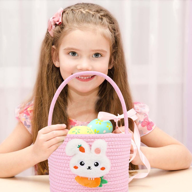 DIYASY Easter Basket for Kids Woven Bunny Eggs Basket with Handle Gifts Tote Bag Candies Buckets for Boys Girls Toddler Baby Party Decorations Pink - Image 4