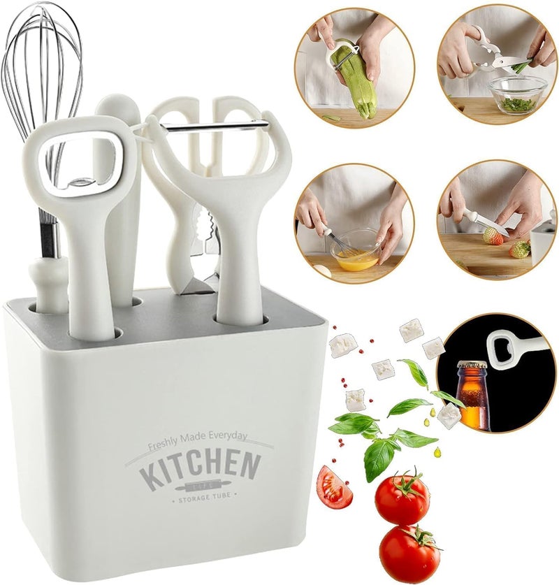 KERFORA Stainless Steel 6Piece Kitchen Gadgets Set with Holder Kitchen Scissors Paring Knife Bottle Opener Peeler AntiSlip Handles Decorative Base - Image 1