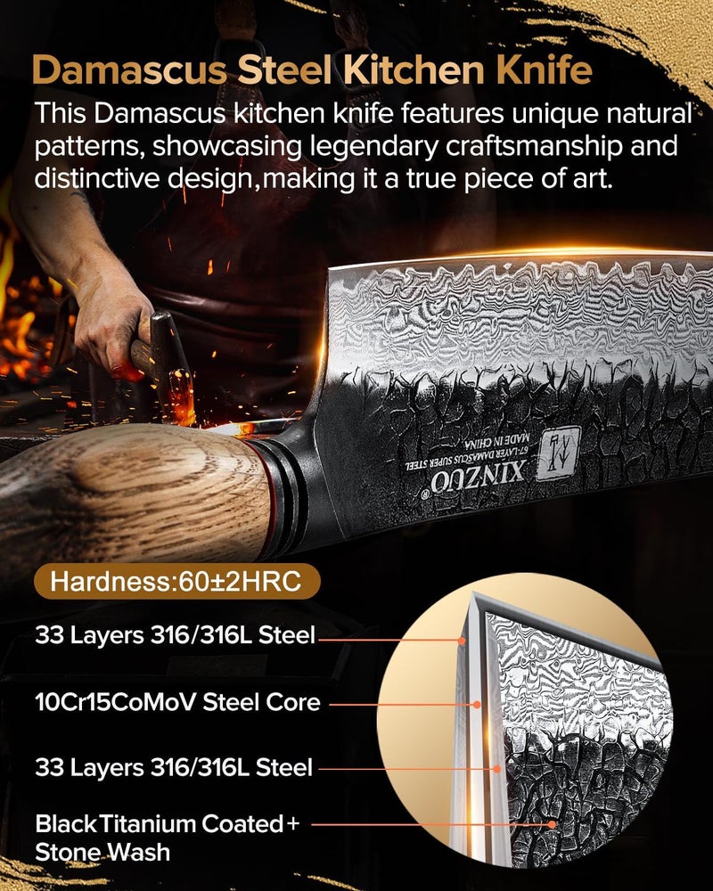 XINZUO 7 Inch Nakiri Knife, Hand Forged Damascus Steel Asian Chopping Chef Knife, Professional Meat Vegetable Kitchen Knife,Comfortable Grip White Oak Handle Usuba Knife - Image 2