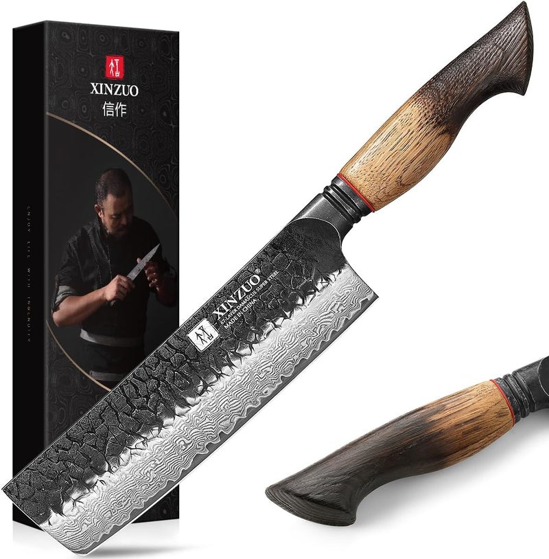 XINZUO 7 Inch Nakiri Knife, Hand Forged Damascus Steel Asian Chopping Chef Knife, Professional Meat Vegetable Kitchen Knife,Comfortable Grip White Oak Handle Usuba Knife - Image 1