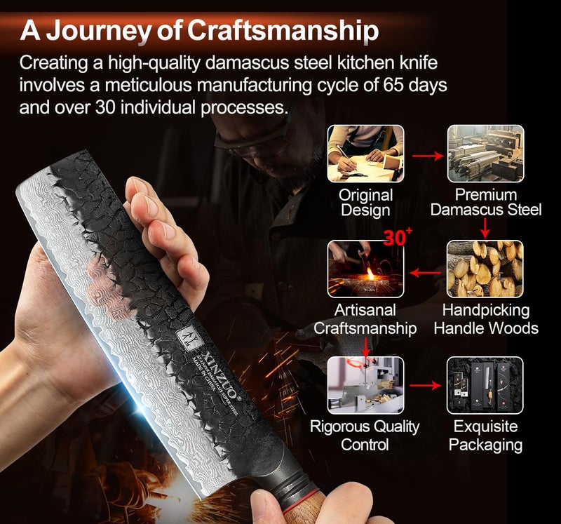 XINZUO 7 Inch Nakiri Knife, Hand Forged Damascus Steel Asian Chopping Chef Knife, Professional Meat Vegetable Kitchen Knife,Comfortable Grip White Oak Handle Usuba Knife - Image 5