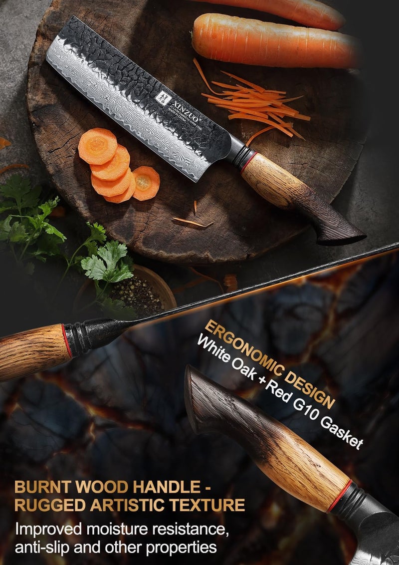 XINZUO 7 Inch Nakiri Knife, Hand Forged Damascus Steel Asian Chopping Chef Knife, Professional Meat Vegetable Kitchen Knife,Comfortable Grip White Oak Handle Usuba Knife - Image 4