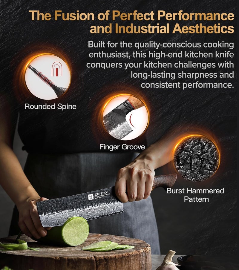 XINZUO 7 Inch Nakiri Knife, Hand Forged Damascus Steel Asian Chopping Chef Knife, Professional Meat Vegetable Kitchen Knife,Comfortable Grip White Oak Handle Usuba Knife - Image 3