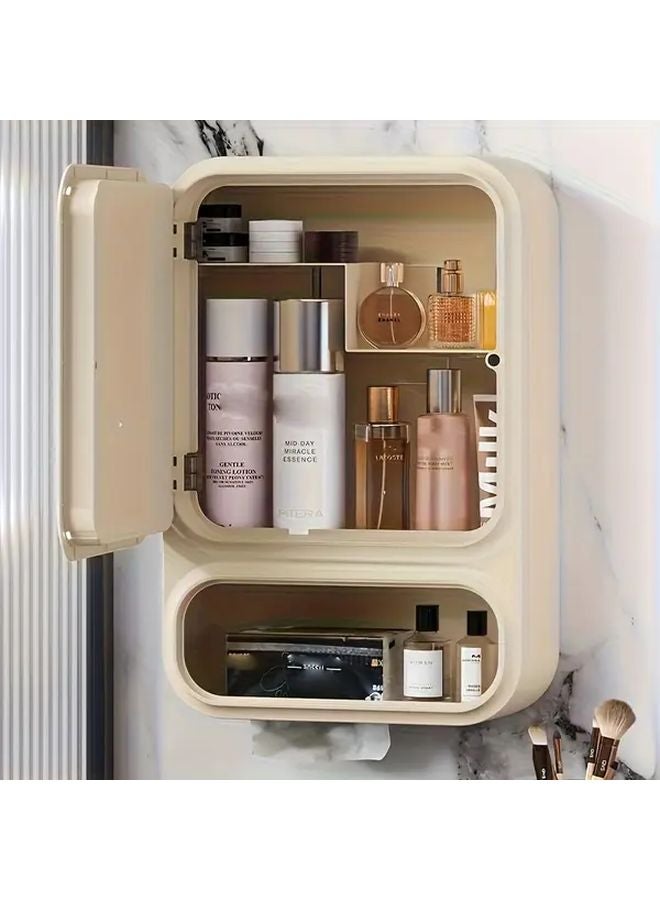 Beige Wall Mounted Storage Cabinet With Clear Doors Waterproof Plastic Multi Tier Shelves - Image 1