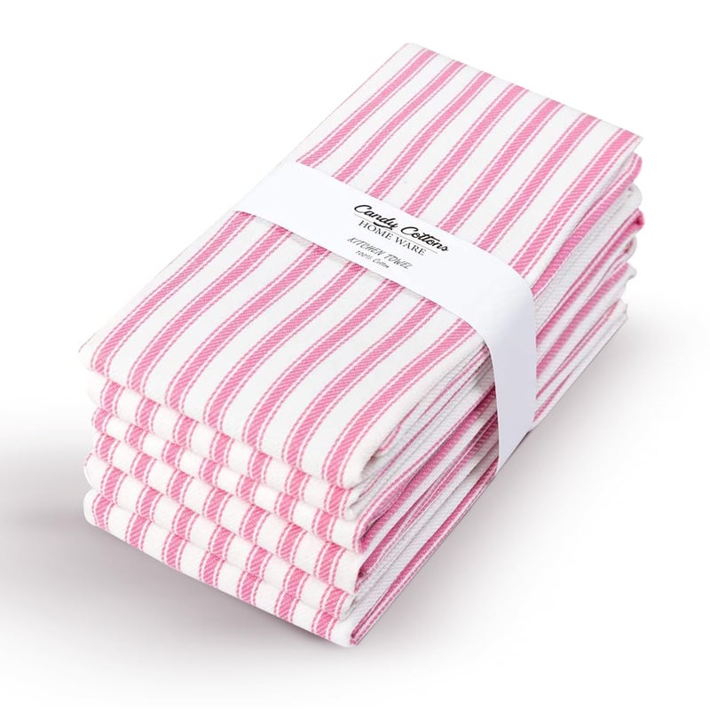 Candy Cottons Set of 6 Kitchen Towels, 100% Cotton Dish Towels, with Hanging Loop, Dishcloth Sets for Washing & Drying Dishes, Tea Towels & Hand Towels 18x28, French Stripe, Pink - Image 2