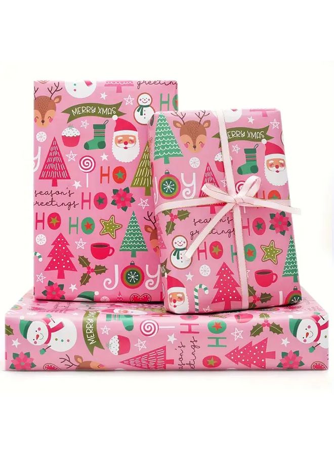 7pcs Pink  Wrapping Paper with Ribbon Santa Claus Snowman Holiday Gift - Image 2