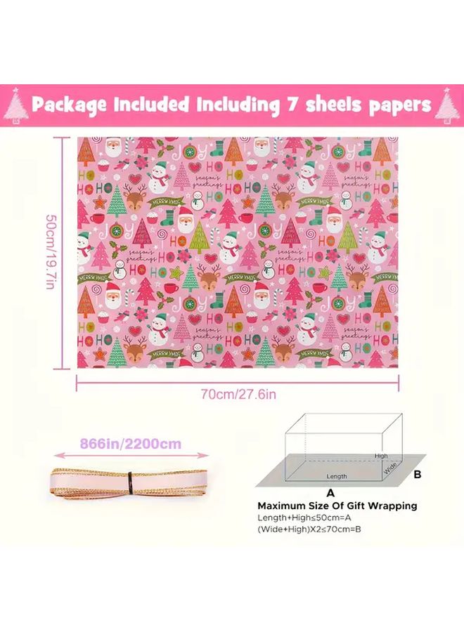 7pcs Pink  Wrapping Paper with Ribbon Santa Claus Snowman Holiday Gift - Image 4