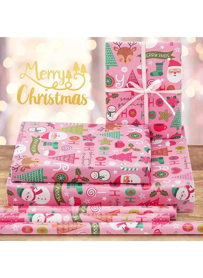 7pcs Pink  Wrapping Paper with Ribbon Santa Claus Snowman Holiday Gift - Image 3