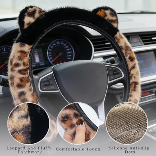 Laoybho Car Steering Wheel Cover 14-15 inch, Fluffy Leopard Steering Wheel Covers with Cute Ears Keychain Universal Elastic Steering Wheel Protector Accessories for Women Girls (Brown Black) - Image 3