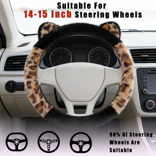 Laoybho Car Steering Wheel Cover 14-15 inch, Fluffy Leopard Steering Wheel Covers with Cute Ears Keychain Universal Elastic Steering Wheel Protector Accessories for Women Girls (Brown Black) - Image 4