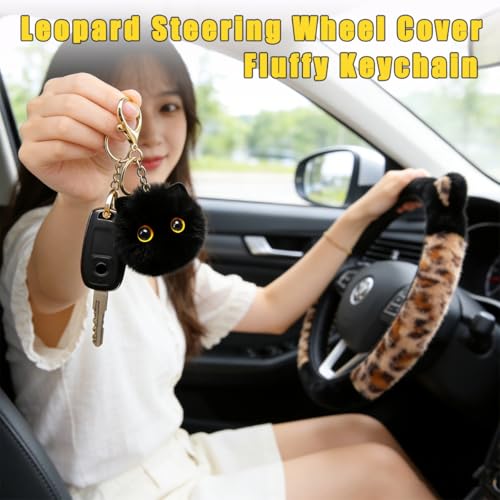 Laoybho Car Steering Wheel Cover 14-15 inch, Fluffy Leopard Steering Wheel Covers with Cute Ears Keychain Universal Elastic Steering Wheel Protector Accessories for Women Girls (Brown Black) - Image 2