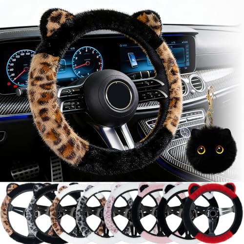 Laoybho Car Steering Wheel Cover 14-15 inch, Fluffy Leopard Steering Wheel Covers with Cute Ears Keychain Universal Elastic Steering Wheel Protector Accessories for Women Girls (Brown Black) - Image 1
