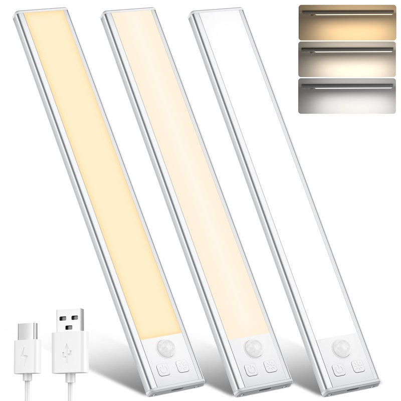 DEALGADGETS Under Cabinet Lights Motion Sensor 3 Color Temperatures LED Closet Light USBC Rechargeable Under Counter Lights Night Light for Kitchen Wardrobe Silver 3 Color 122 Inch 3 Pack