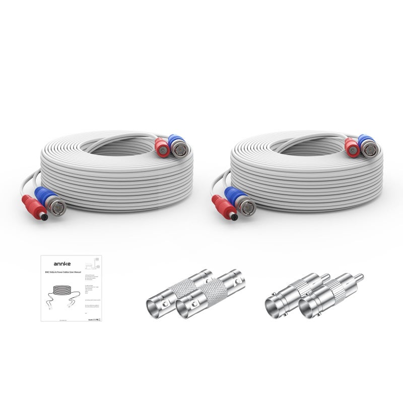 ANNKE 2 Pack Security Camera Cable 30M/100ft All-in-One BNC Video Power Cables, Extension Wire Cord for CCTV Cams DVR Surveillance System with 2X Connectors and 2X RCA Adapters-White - Image 1