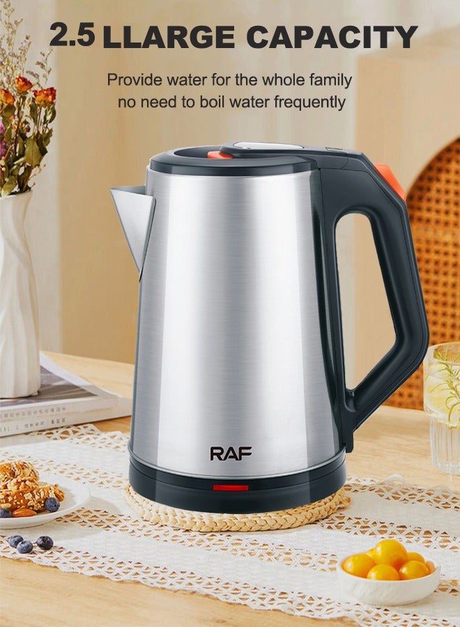 آر إيه أف غلاية كهربائية ، 2.5 لتر غلاية شاي كهربائية من الفولاذ المقاوم للصدأ مع مصباح ليد ، قاعدة دوران 360 دولار ، إغلاق تلقائي وحماية من الغليان الجاف ، مثالية لغلي الماء والحليب والشاي ، 1500 واط/ر. 7950 ، فضي / أسود - Image 5