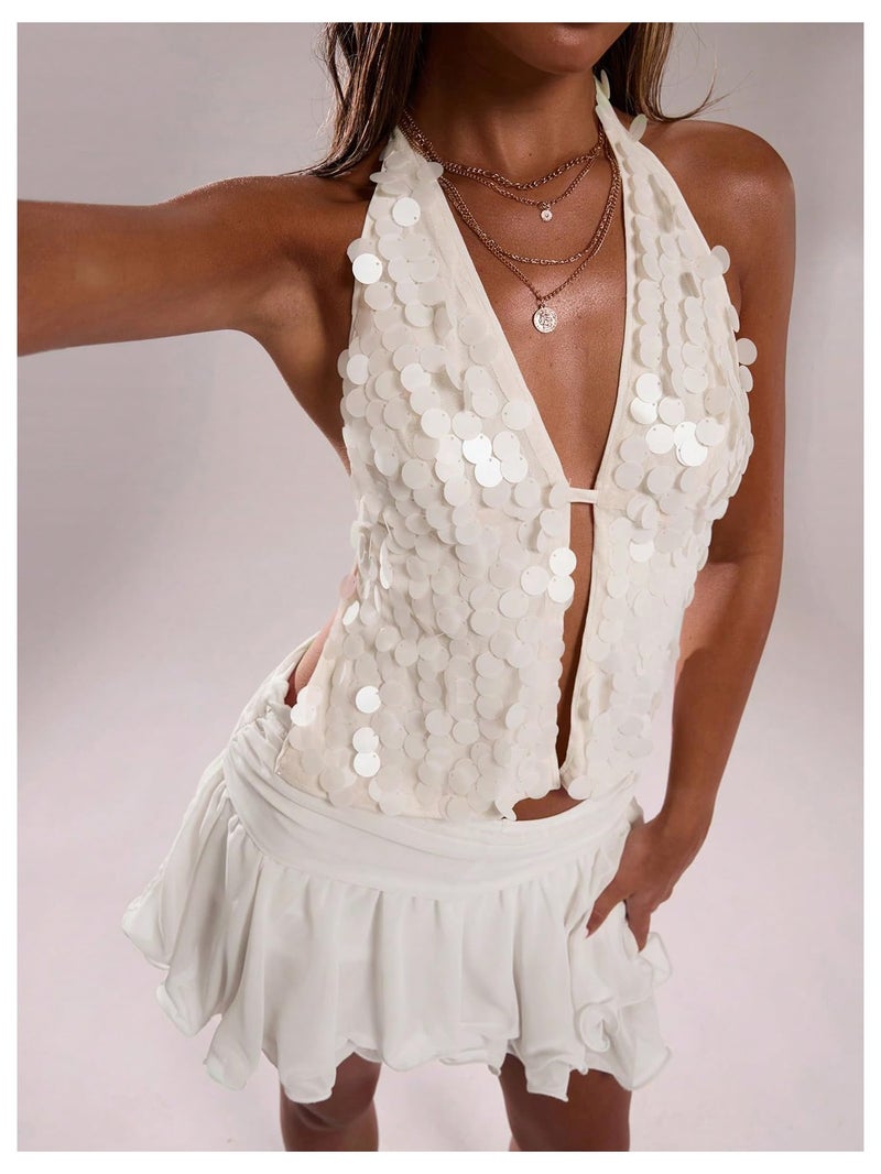 Floerns Women's Sequin Halter Crop Tops Backless Sleeveless Party Club Rave Sparkly Top White Small - Image 5