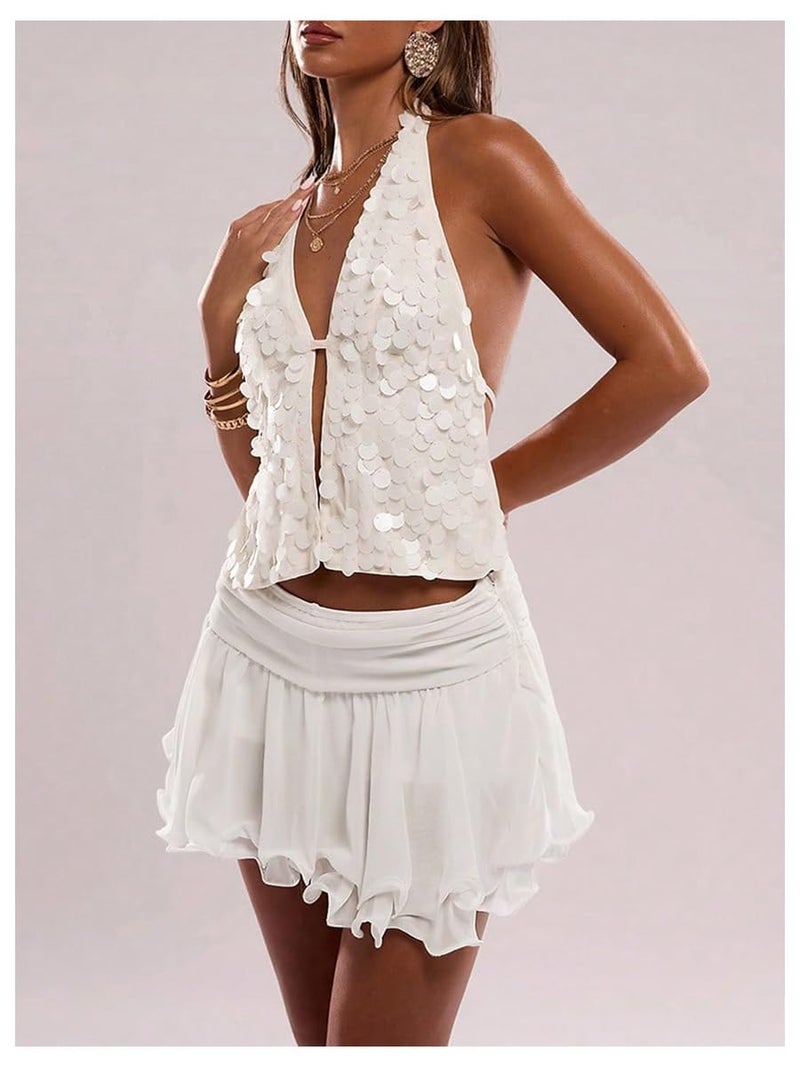 Floerns Women's Sequin Halter Crop Tops Backless Sleeveless Party Club Rave Sparkly Top White Small - Image 2