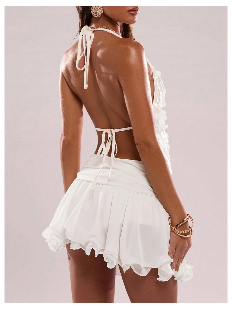 Floerns Women's Sequin Halter Crop Tops Backless Sleeveless Party Club Rave Sparkly Top White Small - Image 4