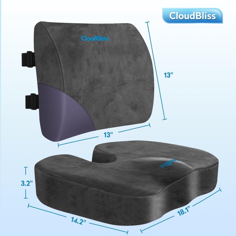 CloudBliss Seat Cushion,Office Chair Cushions,Car Seat Cushion,Lumbar Support Pillow for Office Chair,Back Support Memory Foam Pillow Coccyx Cushion for Tailbone Pain,Sciatica & Back Pain Relief -Grey - Image 2