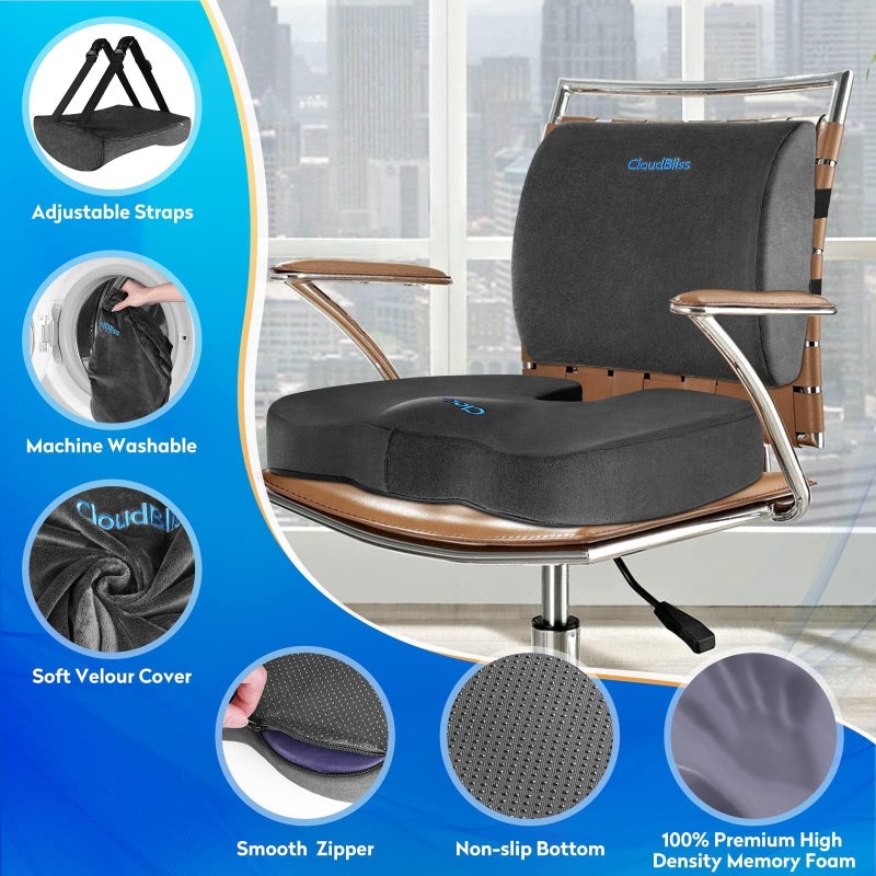 CloudBliss Seat Cushion,Office Chair Cushions,Car Seat Cushion,Lumbar Support Pillow for Office Chair,Back Support Memory Foam Pillow Coccyx Cushion for Tailbone Pain,Sciatica & Back Pain Relief -Grey - Image 3