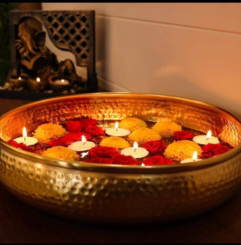 World Fire Decorative Urli Bowl For Floating Flowers And Tea-Light Candles Home, Office And Table Decor & Pooja (Hammered Urli Bowl For Home Handcrafted Bowl Size : 12Inches| Metal Gold - 500 Ml - Image 1
