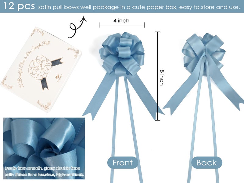 HUIHUANG Dusty Blue Pull Bows 4"x8" Blue Satin Gift Bow for Gift Wrapping, Presents, Gift Basket, Paper Bag, Baby Shower Favors, Wrapping Accessories, Wedding Bridal Shower Decor, 12 PCS - Image 2