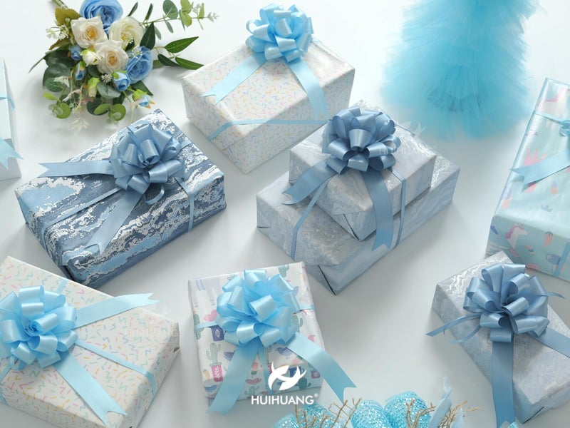 HUIHUANG Dusty Blue Pull Bows 4"x8" Blue Satin Gift Bow for Gift Wrapping, Presents, Gift Basket, Paper Bag, Baby Shower Favors, Wrapping Accessories, Wedding Bridal Shower Decor, 12 PCS - Image 3