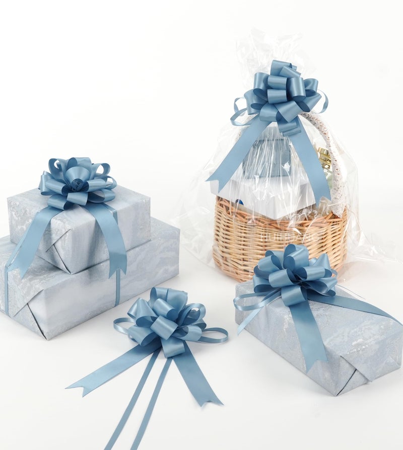 HUIHUANG Dusty Blue Pull Bows 4"x8" Blue Satin Gift Bow for Gift Wrapping, Presents, Gift Basket, Paper Bag, Baby Shower Favors, Wrapping Accessories, Wedding Bridal Shower Decor, 12 PCS - Image 1