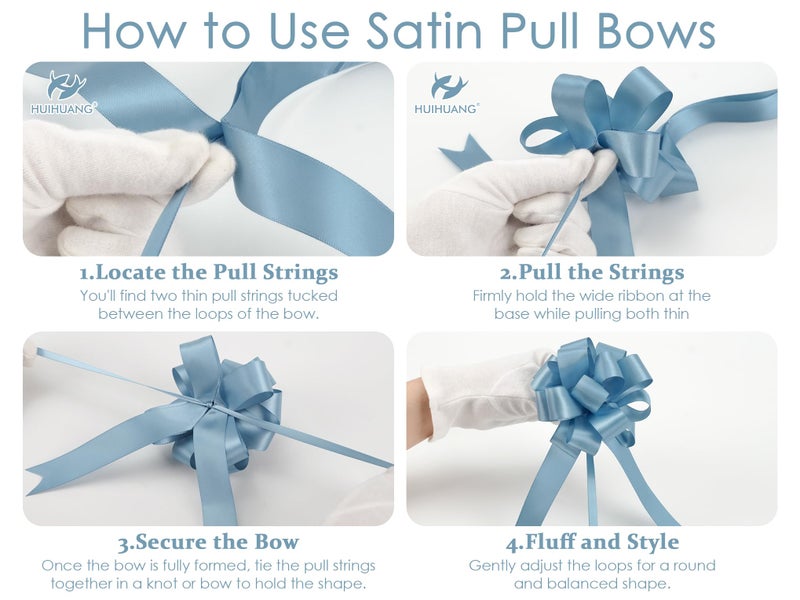 HUIHUANG Dusty Blue Pull Bows 4"x8" Blue Satin Gift Bow for Gift Wrapping, Presents, Gift Basket, Paper Bag, Baby Shower Favors, Wrapping Accessories, Wedding Bridal Shower Decor, 12 PCS - Image 4