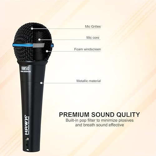 Hawk Proaudio HM 50 Handheld Dynamic Cardioid Wired Mic for Live, Recording, Speech, Karaoke with 6 Meter mic Cable, mic Holder and Pouch - Image 2