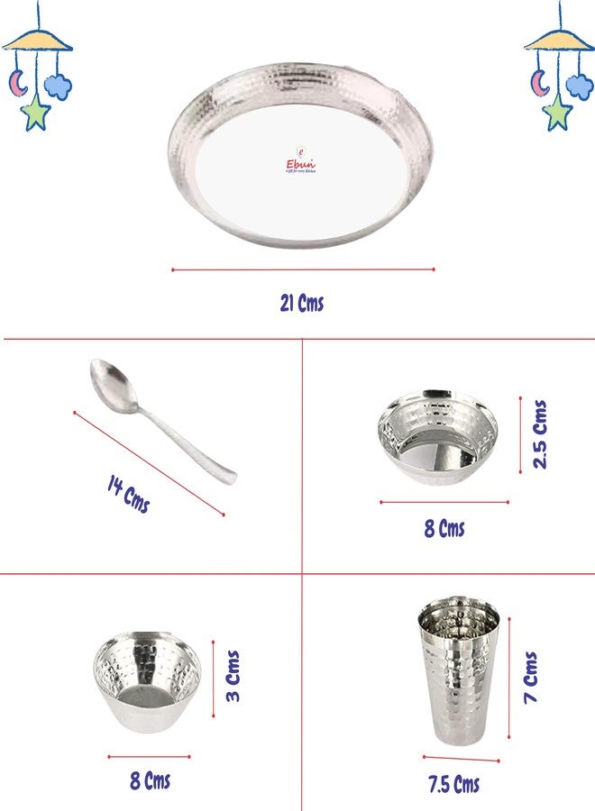 Ebun Stainless Steel Hammered Baby Dinner Set | Dinner Set for Kids | Baby Dinner Set for Birthday Gift | Steel Plates for Kids | Gifts for Kid | Baby Gift Set for New Born | Pack of 2 | 10 Pcs Set - Image 3